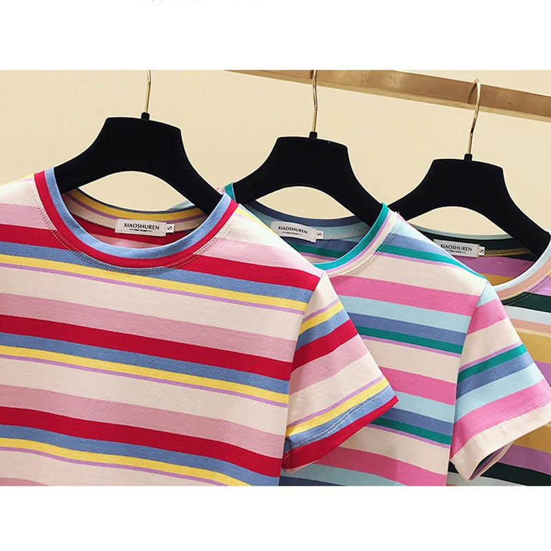 

shintimes Fashion Rainbow Striped Shirt Tee Shirt Femme Short Sleeve T Shirts Women 2020 Summer Cotton Casual Loose T-Shirt Tops