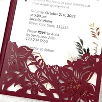 100pcs Wedding Invitations Burgundy Color Elegant Flower Hollow Laser Cut Invitations with Envelope