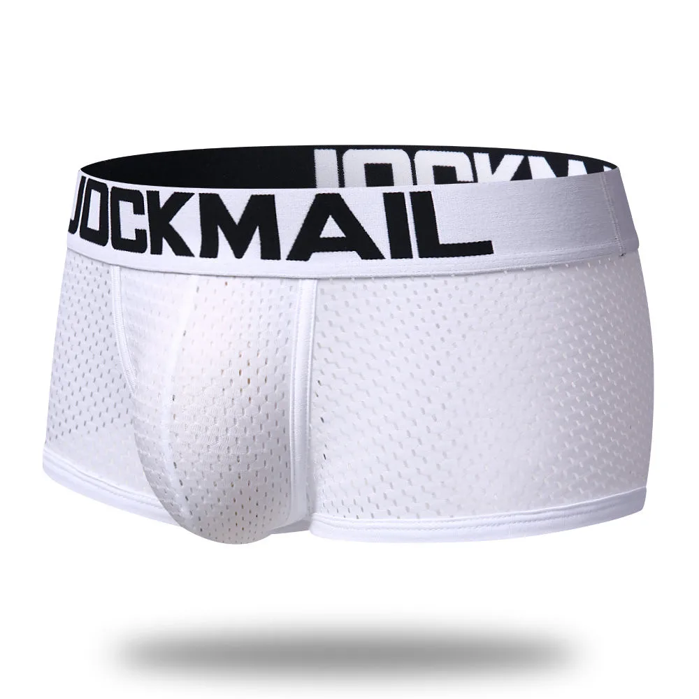 Бренд JOCKMAIL, мужские боксеры, хлопковое сексуальное мужское нижнее белье, боксеры с u-образной выпуклой сумкой, трусы с принтом листьев, Сетчатое дышащее нижнее белье для геев