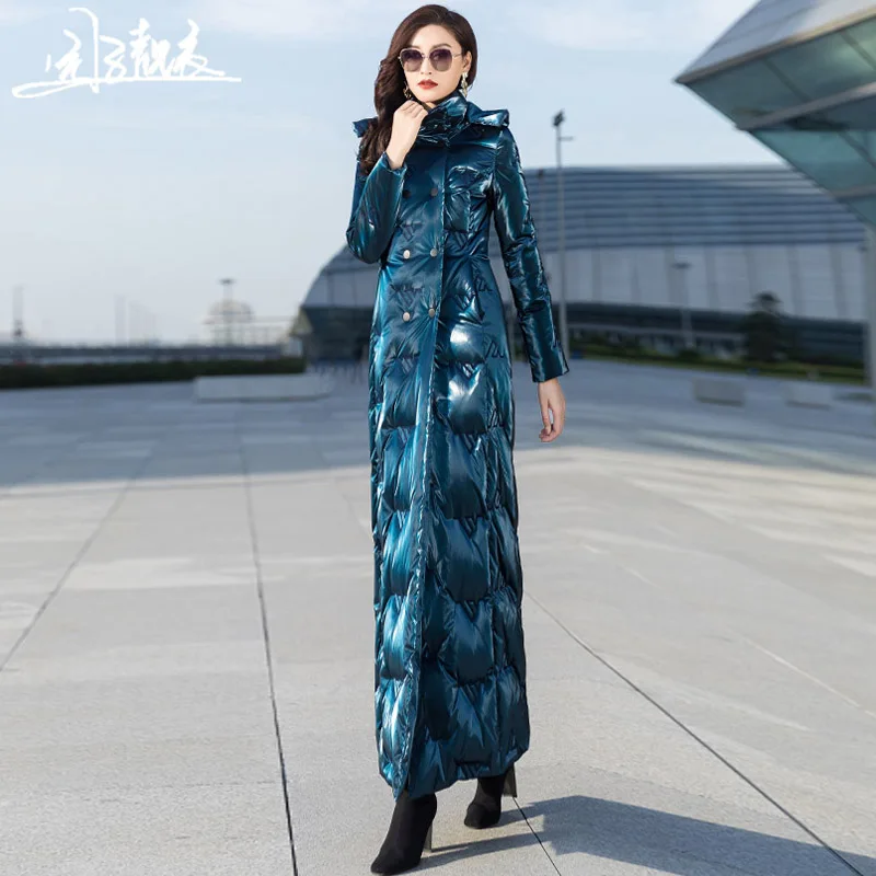 

Bright face down jacket women's long style 2020 winter new style waist length slim fashion white duck down coat 6061