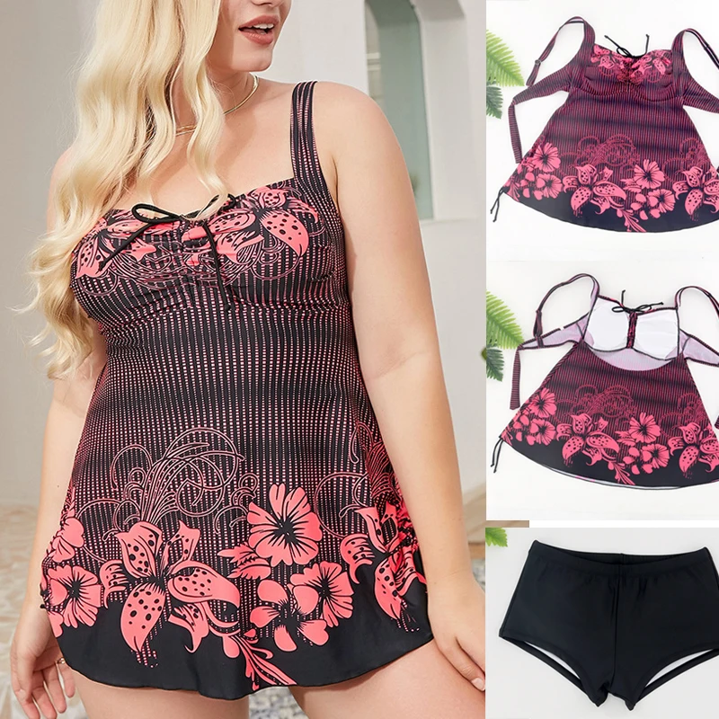

2022 Plus Size XL-6XL Women's Swimsuit With Skirt Push Up Padded Large Size Tankini Sets 2 Piece Big Size Swimwear Dress