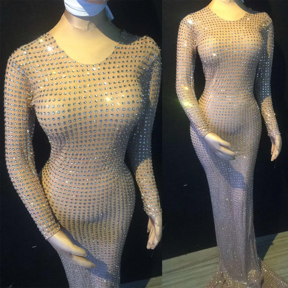 Сверкающие полные стразы пол-Длина платье длинным рукавом с открытыми плечами