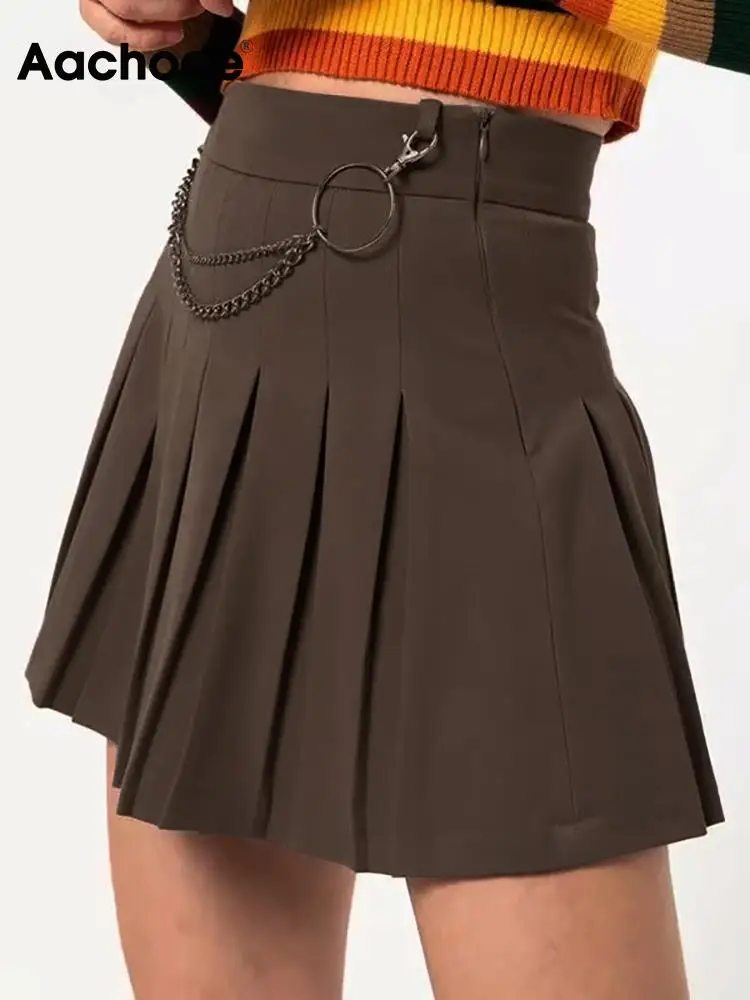 

Aachoae Women Solid Color Mini Skirts High Waist Zipper Fly Skirts Female Fashion Elegant A Line Dresses With Chain Decoration