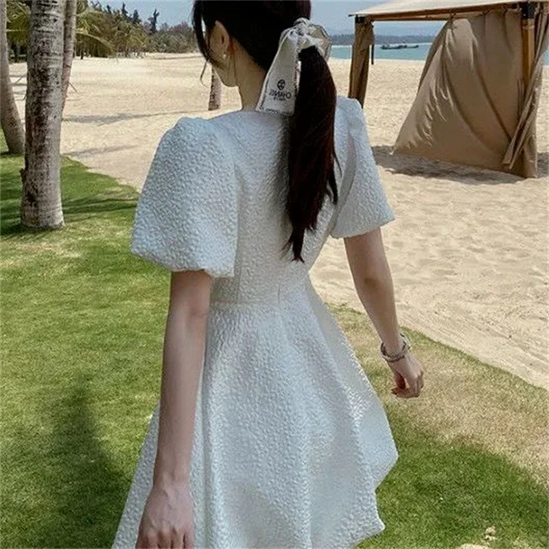 

French square collar bowknot dress spring and summer new puff sleeve skirt small temperament a-line fairy skirt