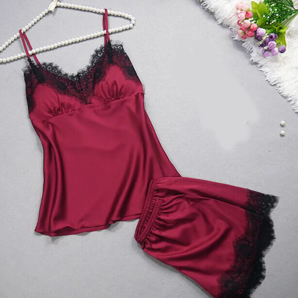 

Pajama Sets Women Sleepwear Sleeveless 2021 Strap Nightwear Lace Trim Satin Cami Top Pajama Sets Sleepwear Pijama Sexy De Chica