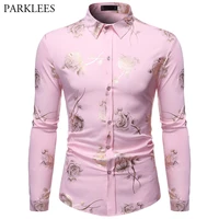 gold rose floral print shirt men brand new mens steampunk dress shirts long sleeve pink wedding party bronzing camisa masculina