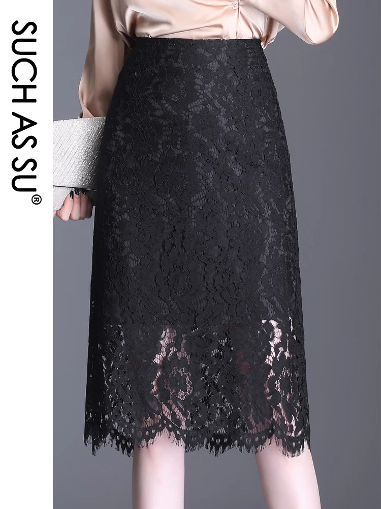 

New Lace Mid-Calf Skirt Women Spring Summer Black High Waist Hollow Out Pencil Skirt S-3XL Plus Size Female OL Office Wrap Skirt
