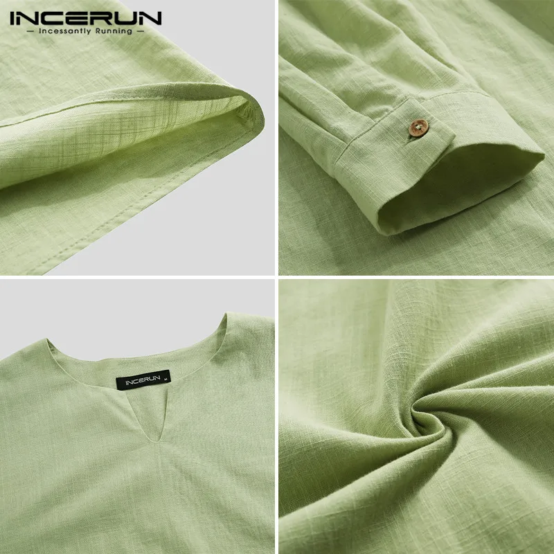 

INCERUN Men Shirt Long Sleeve Streetwear V Neck Solid Color Vintage Casual Tops Breathable Cotton Men Shirts Chemise S-5XL 2021