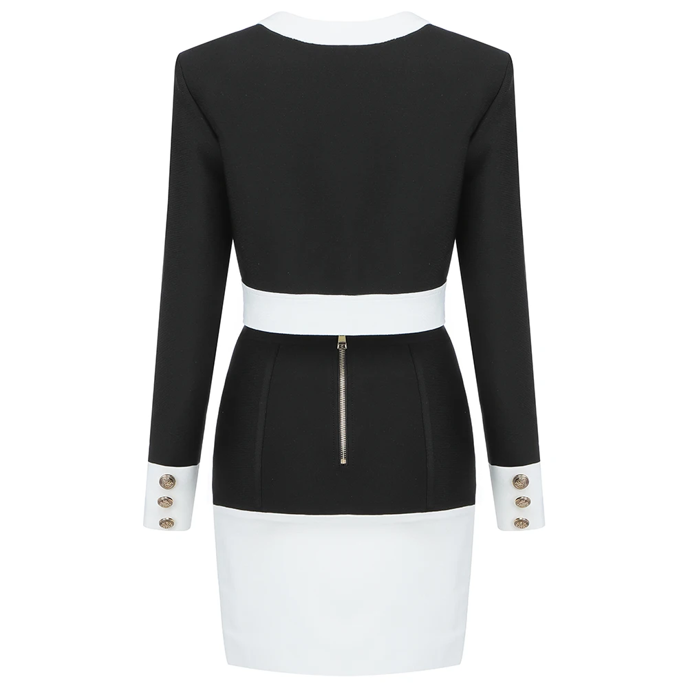 

Babatique Winter Sexy Long Sleeve Patchwork Button Black White Two Pieces Bandage Set 2020 Celebrity Designer Women's Set