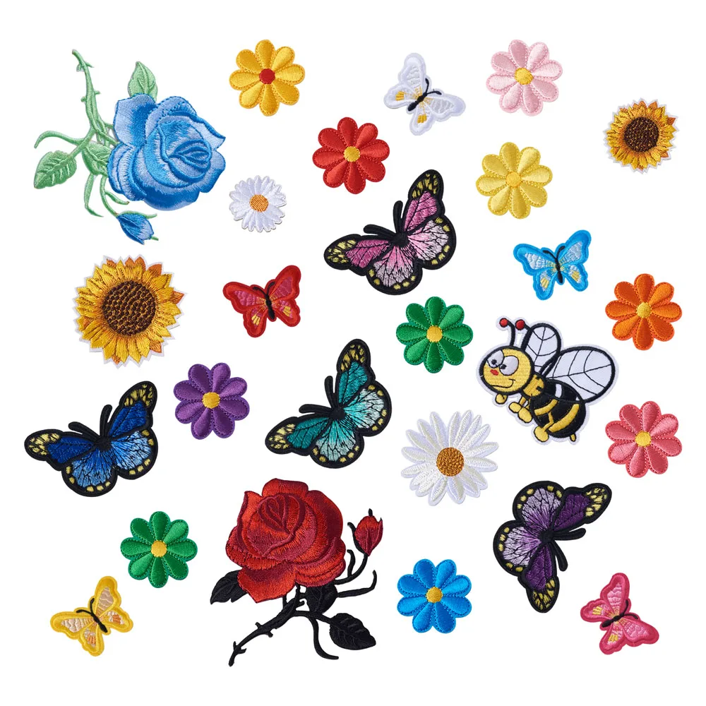 

57pcs Butterfly Flower Bee Clothing Stickers Iron on Patches Stripes Appliques Embroidery Badges