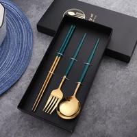 3pcsset stainless steel spoon fork chopstick knife set with storage gift box coffee dessert fork spoon kitchen tableware set