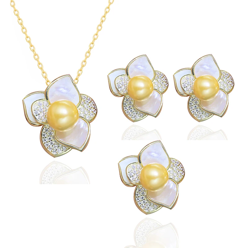 

MeiBaPJ Luxurious Real 925 Silver Flower Earrings & Necklace & Ring Fine Wedding Jewelry Sets For Women Natural Big Pearl Suit