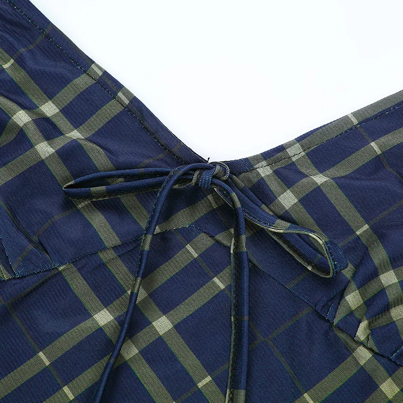 

Spaghetti Strap Bow Lace Up Plaid Striped Women Dress Summer Sleeveless V Neck Mesh Ruched Mini Dress Bodycon Streetwear 2021