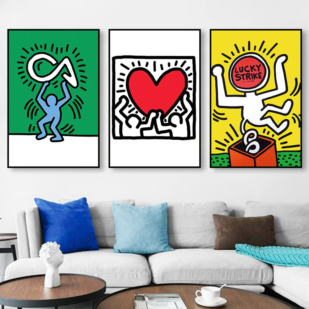 

Keith Art Exhibition Abstract Poster Haring Pop Art Prints Lucky Sticker Heart Pictures Canvas Painting Gallery Wall Home Decor
