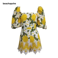 beachapche 2021yellow lace sexy women jumpsuits puff sleeve square collar playsuit fashion high waist short bodysuits
