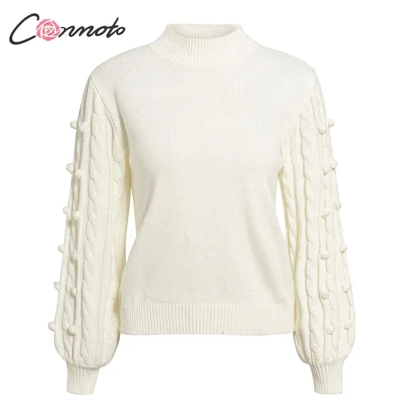 Conmoto Casual Knitted Sweater Women Solid White Autumn Winter 2019 Jumpers Vintage Lantern Sleeve Pompom Pull Femme | Женская одежда