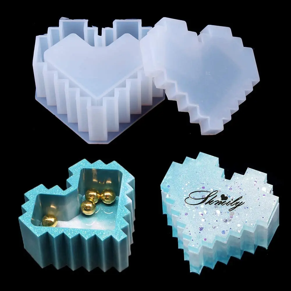 

Heart Shaped Box Resin Mold Pixel Love Storage Box Container with Lid Resin Casting Silicone Mold Epoxy DIY Art Crafts