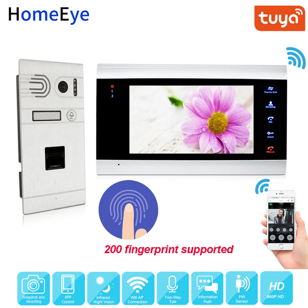 Tuya App Remote Unlock WiFi IP Video Door Phone 960P HD Video Intercom System Home Access Control Fingerprint Motion Detection