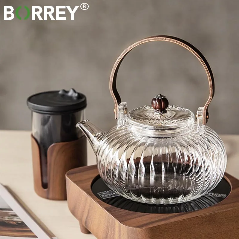 BORREY 920ML Glass Teapot With Removable Filter Wood Handle Stovetop Safe Borosilicate Glass Tea Kettle Coffee Pot Teaware