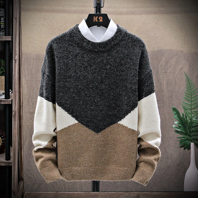 

Autumn Winter Sweater Men Casual Wool Knitted Patchwork O-Neck Men Pullover Thicken Long Sleeve Male Jumper Cotton High Quiality