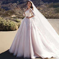 new design ball gown quarter sleeves wedding dresses princess pleated lace appliques buttons back ladies bridal gowns vestidos