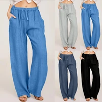 summer fashion pants plus size 3xl women casual solid cotton linen pockets loose drawstring elastic waist long wide leg trousers