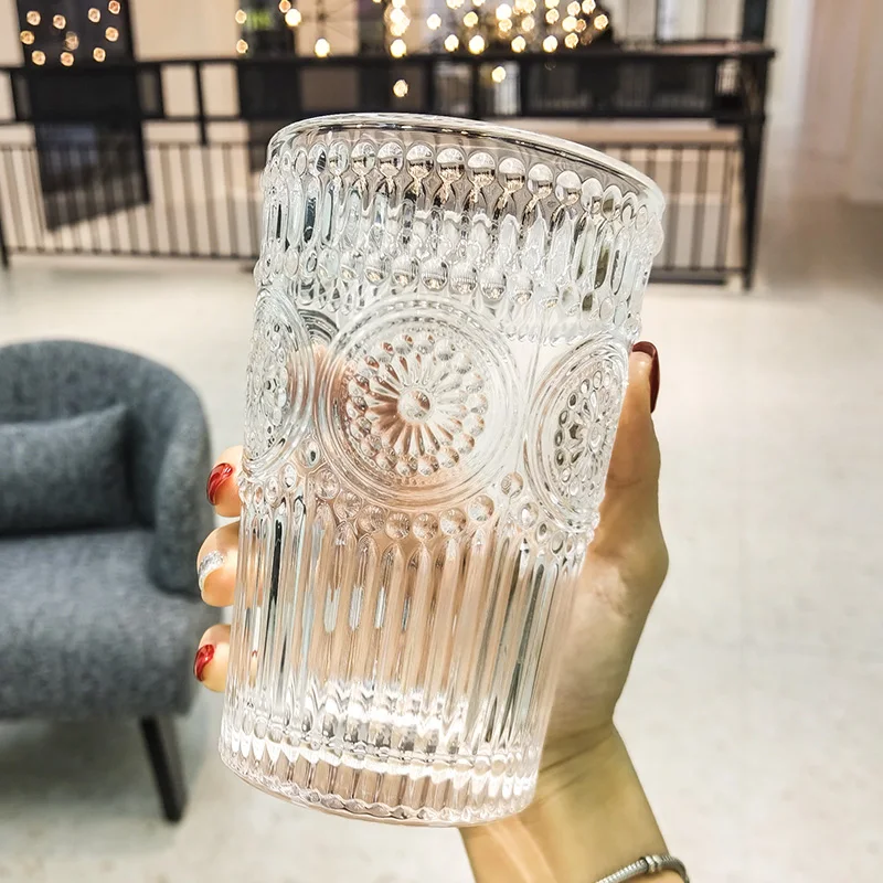 

Ins Restaurant With The Same Fresh Sun Flower Retro Embossed Cup Phnom Penh Glass French Cold Drink & Milk Tea Shop Nordic Juice