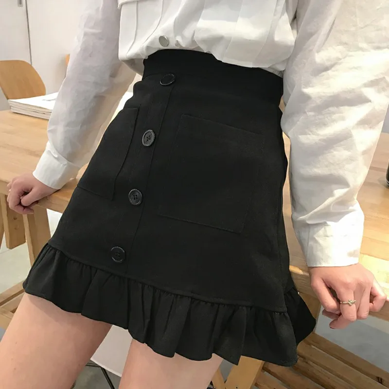 

A-Line Female High Waist Summer Womens Pockets Single Breasted Simple Elegant Solid Colour Chic Skirts Women Black Slim Skirt