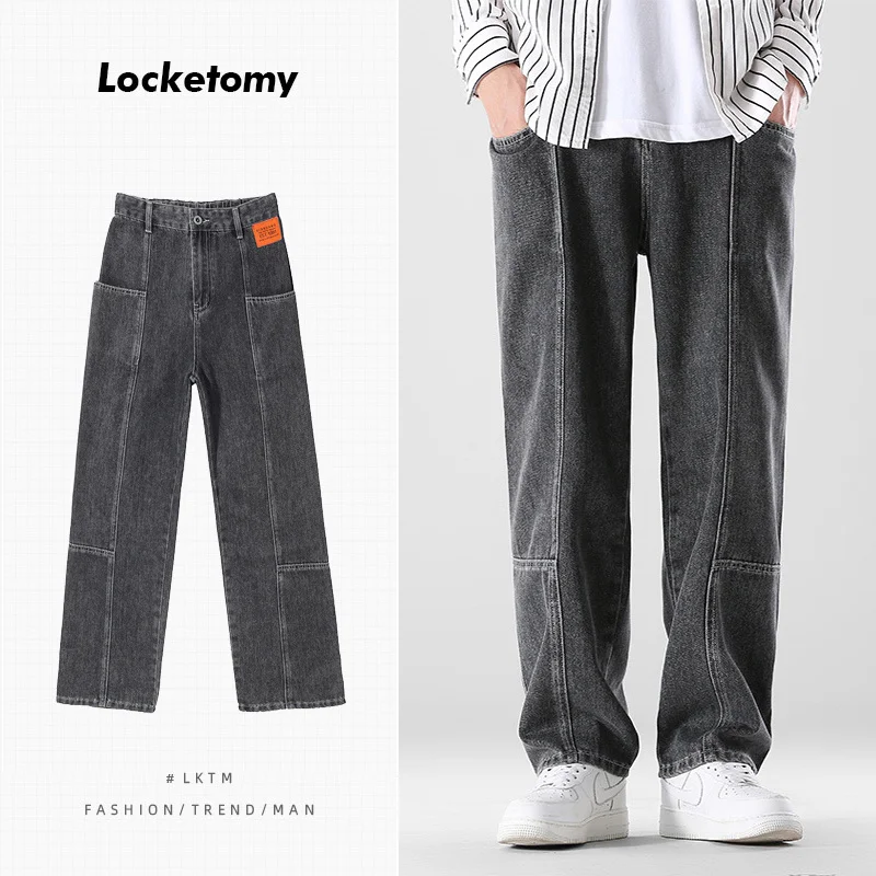 Мужские джинсы, модные брендовые Прямые хлопковые джинсы в стиле High Street, Свободные повседневные брюки с широкими штанинами, уличная одежда