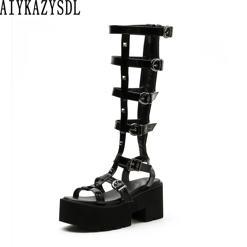 

AIYKAZYSDL Women Gladiator Rome Sandals Strappy Buckle Strap Cut Out Summer Bootie Gothic Punk Boots Platform Wedge Shoes Heels