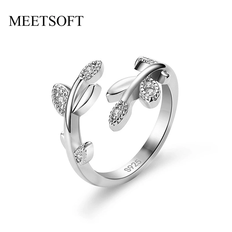 

MEETSOFT Trendy 925 Sterling Silver Minimalist Leaves Zircon Moissanite Opening Ring for Women Lovely Fine Jewelry Drop Shipping