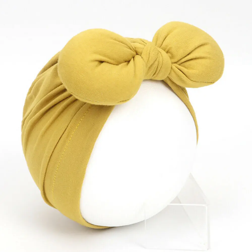Fluorescent Yellow Newborn Toddler Baby Girls Turban Soft Silk Beanie Big Bow Hat Cap Wrap Headwear Headband Hats Accessories Candy Color Cute - Color: Fluorescent Yellow