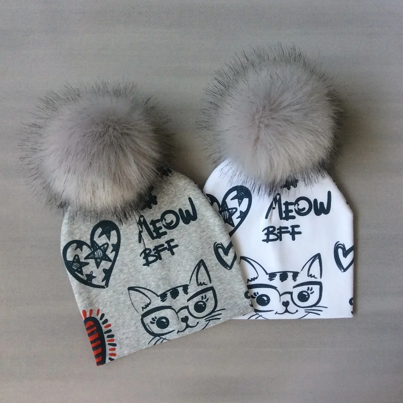 

Kids Girls Hats Cat Printing Cotton Pompom Hat For Girls Winter Children Caps Faux Fur Baby Hat Bonnet