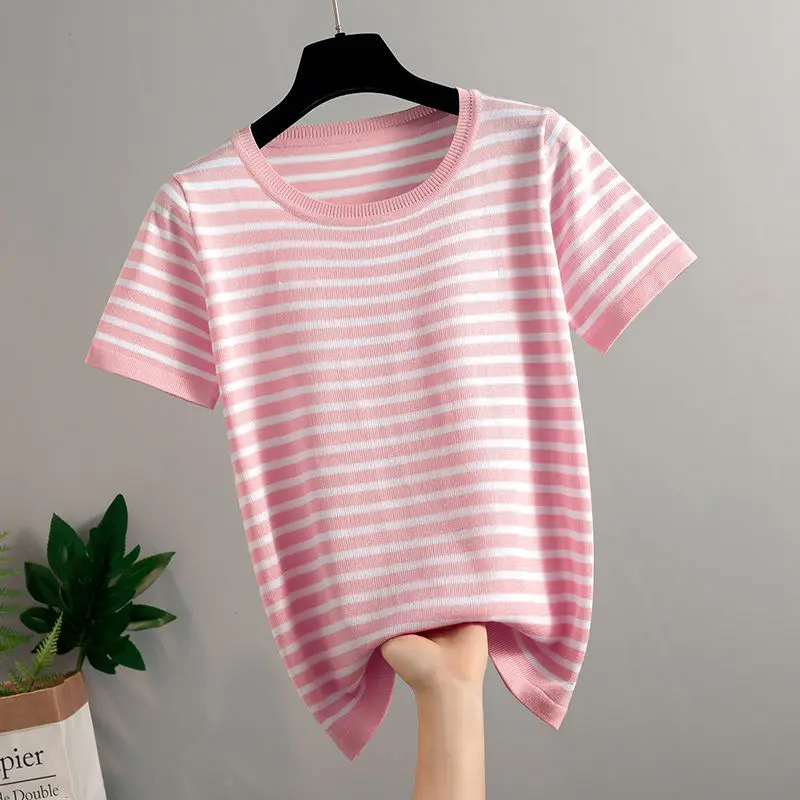 

Casual Elastic Plus Size Striped Thin Knitted T-Shirt Women Summer O-Neck Slim Pullover Top Korean Fashion Basic Loose tees