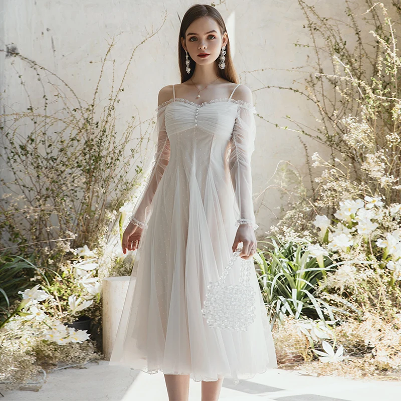 YIGELILA Fashion Women White Dress Elegant Slash Neck Mesh Long Dress Solid Empire Slim Mid-length A-line Dress 65653