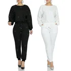 Женский Повседневный комплект из двух предметов, свитер с бриллиантом и длинные штаны, спортивный костюм для пробежек, однотонный черный, белый, размера плюс