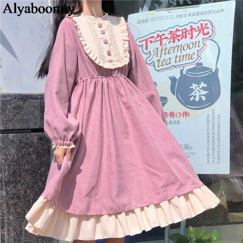 

Женское плотное платье принцессы на осень и зиму, розовое милое Свободное платье с гофрированным воротником, милое сказочное праздничное п...