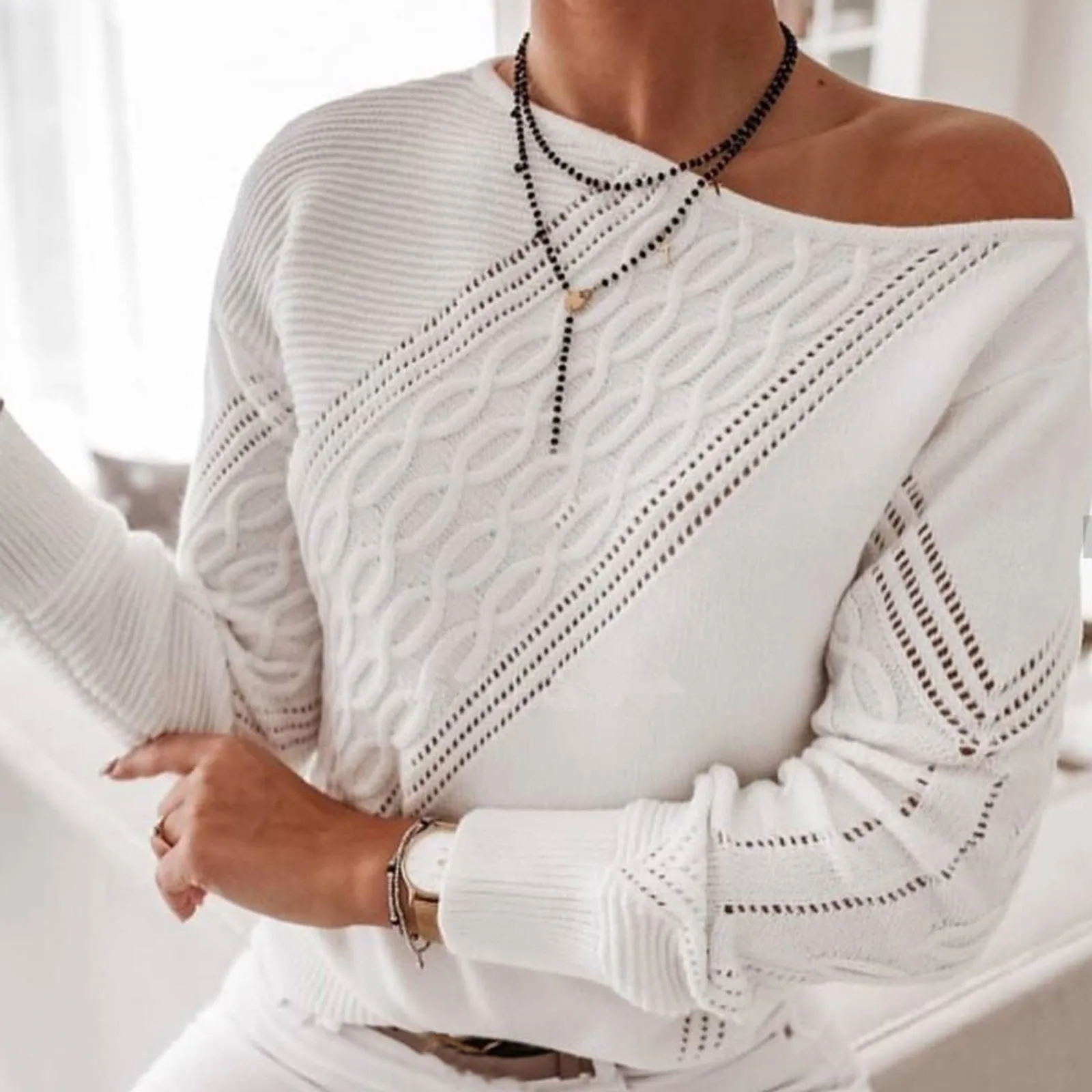 

Женский свитер с круглым вырезом, однотонный Повседневный свитер с вырезами, с длинными рукавами, зима 2021