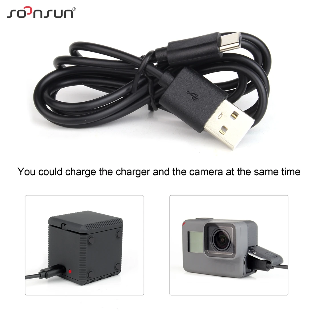 3 аккумулятора SOONSUN с тройной зарядной станцией и кабелем Type C для GoPro Hero 8 7 6 5 Black Go