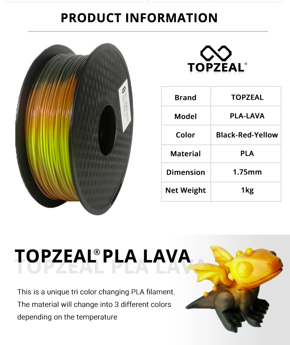 TOPZEAL новая нить для 3D-принтера PLA Tri Temp с изменяющимся цветом, черная на красная на желтую, 1 кг 1,75 мм с допуском+/-0,05 мм