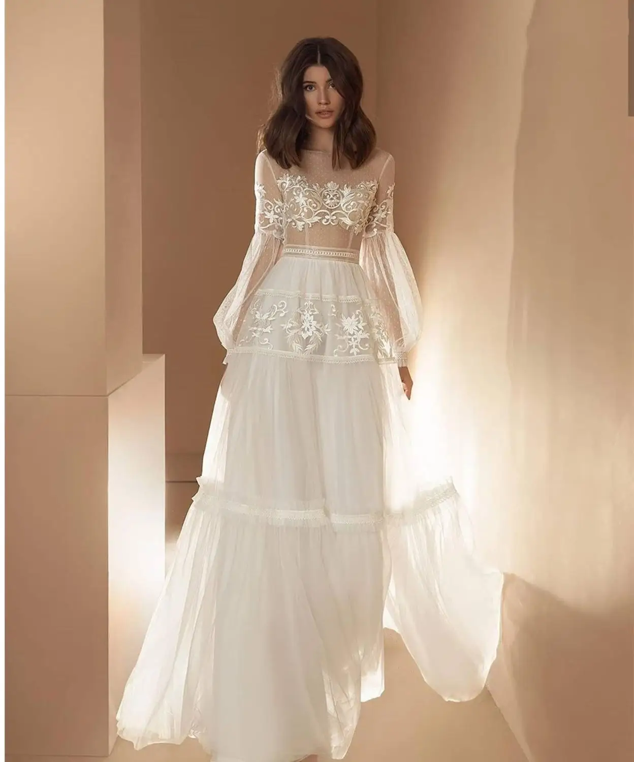 

Vintage Bohemian Boho Wedding Dresses 2020 Long Puff Sleeve Wedding Bride Gown A Line Vestido De Novia Illusion Lace White Ivory