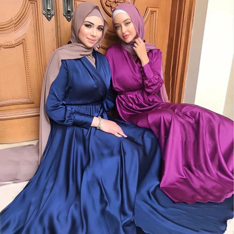 Атласное длинное платье Рамадан, абайя, модное женское платье с перекрестным вырезом, с поясом, мусульманский хиджаб, вечернее платье, Дубай...