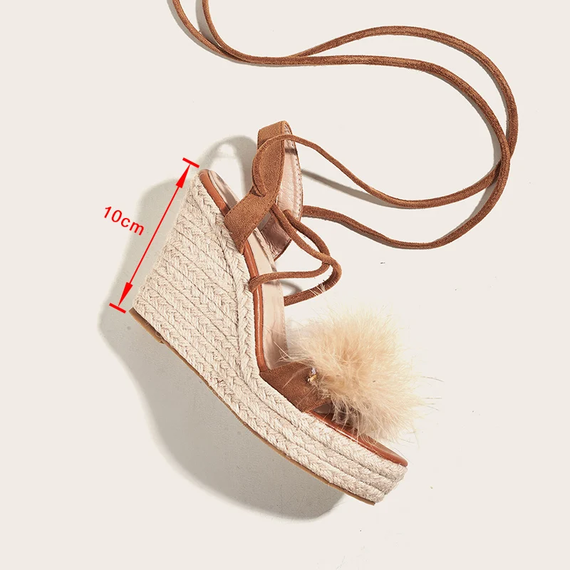 

Faux Fur Women's Sandals Hemp Wedges High Heels Ladies Pumps Fashion Ankle Strap Platform Bandage Summer Female Footwear 2021