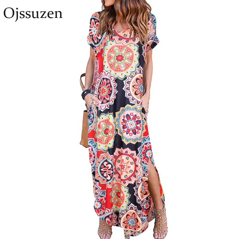 Женское длинное платье с круглым вырезом свободное Повседневное цветочным