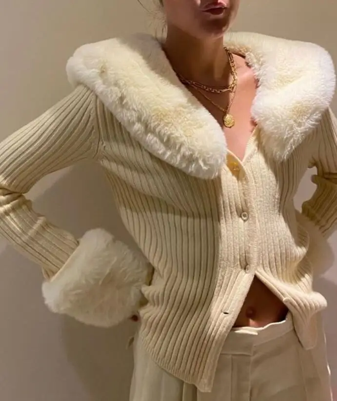 

Autumn Winter Fluffy Faux Fur Knitted Top Coats and Jackets Oversized Button Up Long Sleeve Overcoats Warm Tops s591