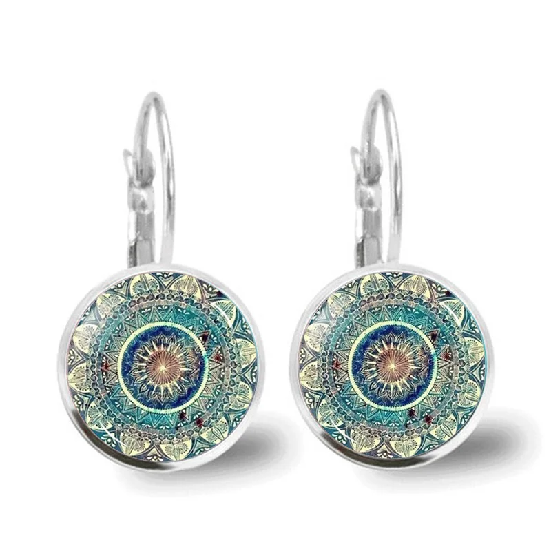 Silver Earrings Горячая Распродажа, очаровательные серьги с рисунком мандалы, хна, Кристальные серьги, символ йоги Ом дзен, буддизм, стеклянные серьги для женщин, ювелирные изделия - Окраска металла: Silver Earrings
