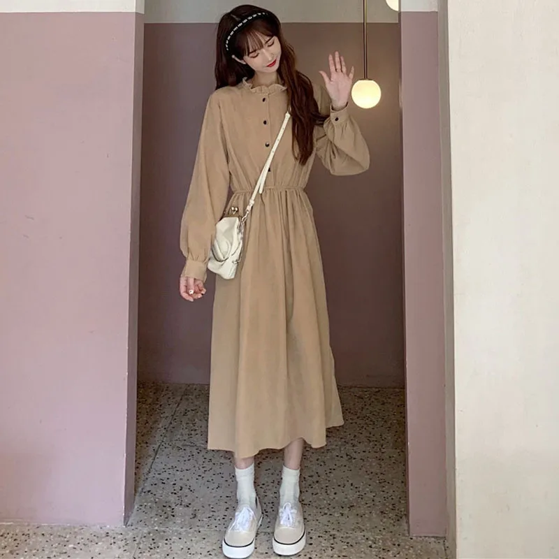 

Khaki Vintage Dress Elegant Long Dress Women Mid-Calf Dresses Long Sleeve 2021 spring new Pleated dress