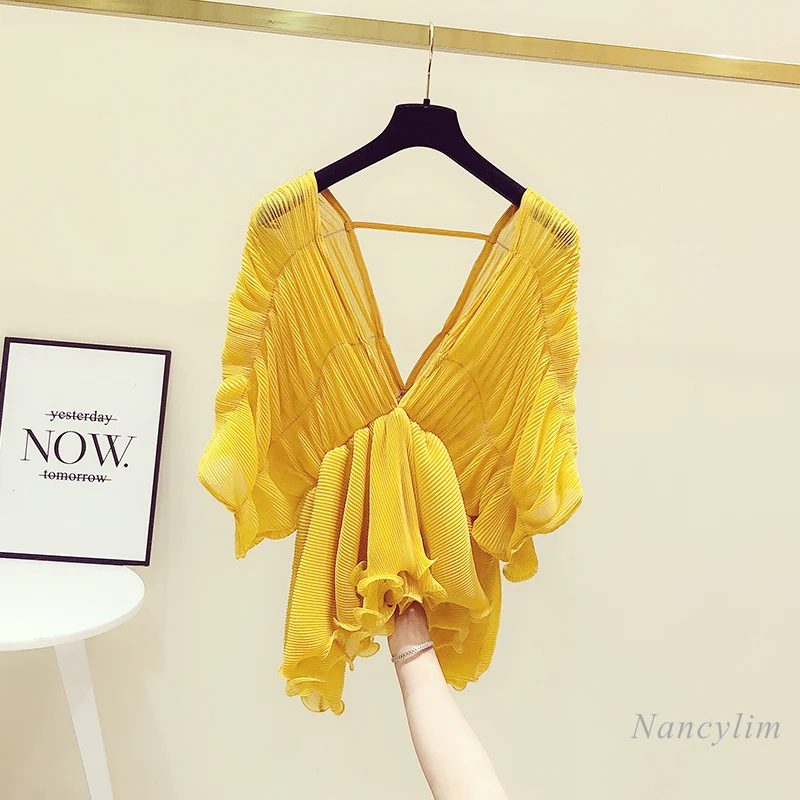 

Temperament V-neck Chiffon Shirt Women's Short Sleeve Summer Waist Slimming Holiday Beach Tops Blusas Camisas De Mujer