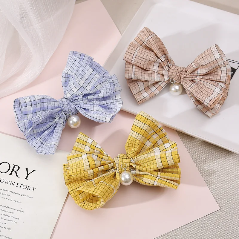 

Grid Girl Bow Hair Clip Handmade Fabric Pearl Hair Bows Korean Barrette Women'S Accessories Drop Shipping