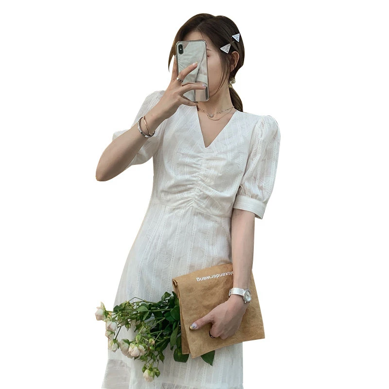 

New Summer Fashion Casual Women Dress V-Neck White Puff Sleeve Slim Knee-Length Dresses Female Fishtail Dress Ladies Y662